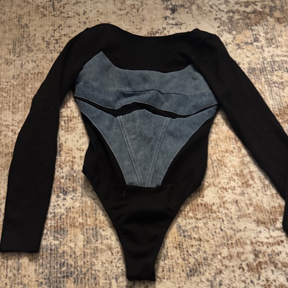 Maniere de Voir Stretchy Black and Denim Long Sleeve Bodysuit